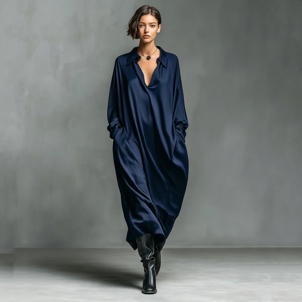 Robe longue satinée vintage grande taille pour femme, nouvelle collection, décontractée, ample, printemps-automne, élégante, vêtements 2026
