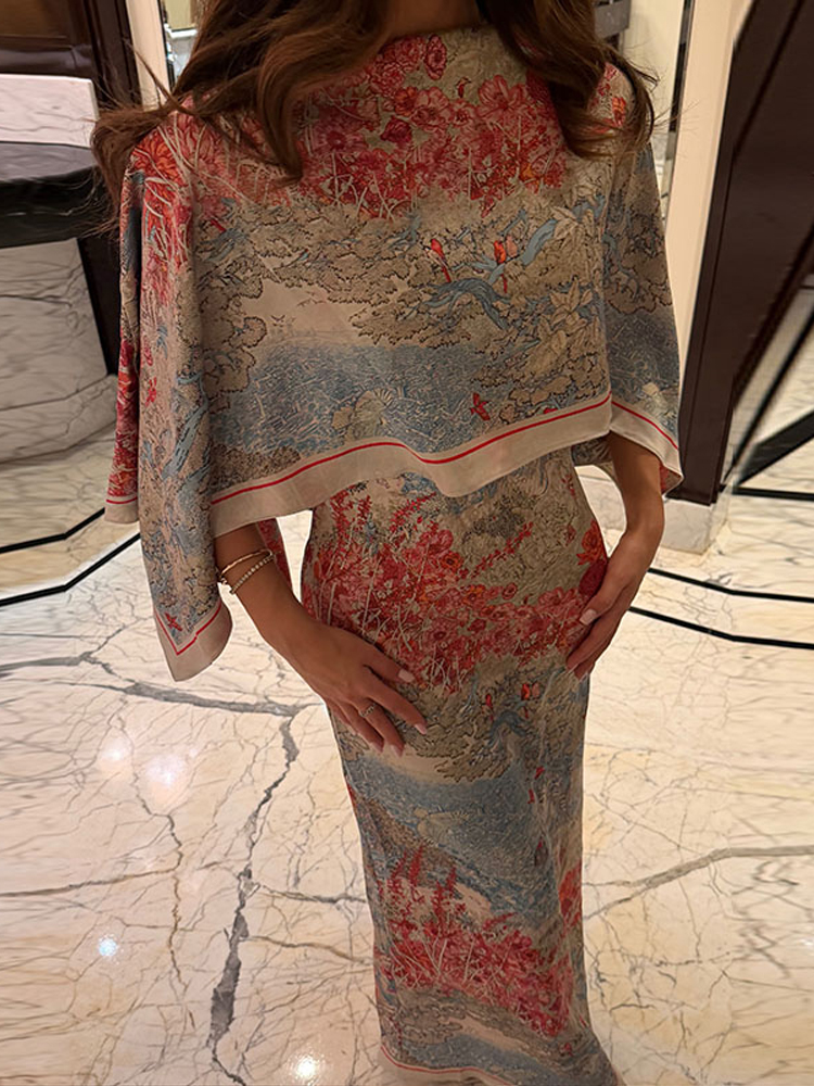 Robe longue élégante imprimée pour femme, style châle, col montant, taille cintrée, collection été 2026, chic pour les vacances