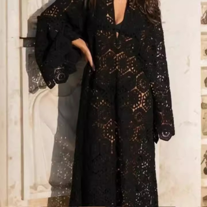 Robe à manches longues brodée en dentelle pour femmes, motif en dentelle, manches évasées, parfaite pour la plage, robe d'été décontractée E2Q1