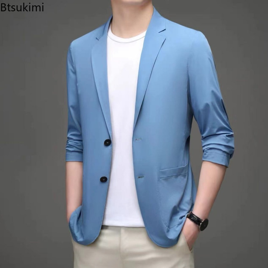 Vêtements de style occidental en soie glacée pour hommes, vestes de costume décontractées, manteaux de Protection solaire respirants, vêtements légers de printemps et d'été pour hommes