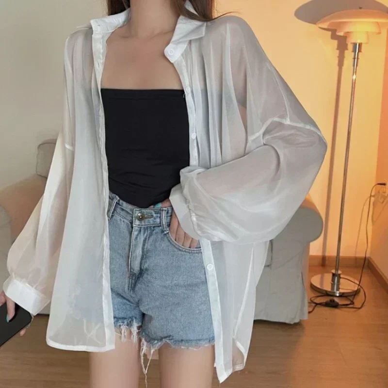 Chemise à manches longues en mousseline de soie pour femmes, haut décontracté, cardigan d'été, mince, sexy, solide, document