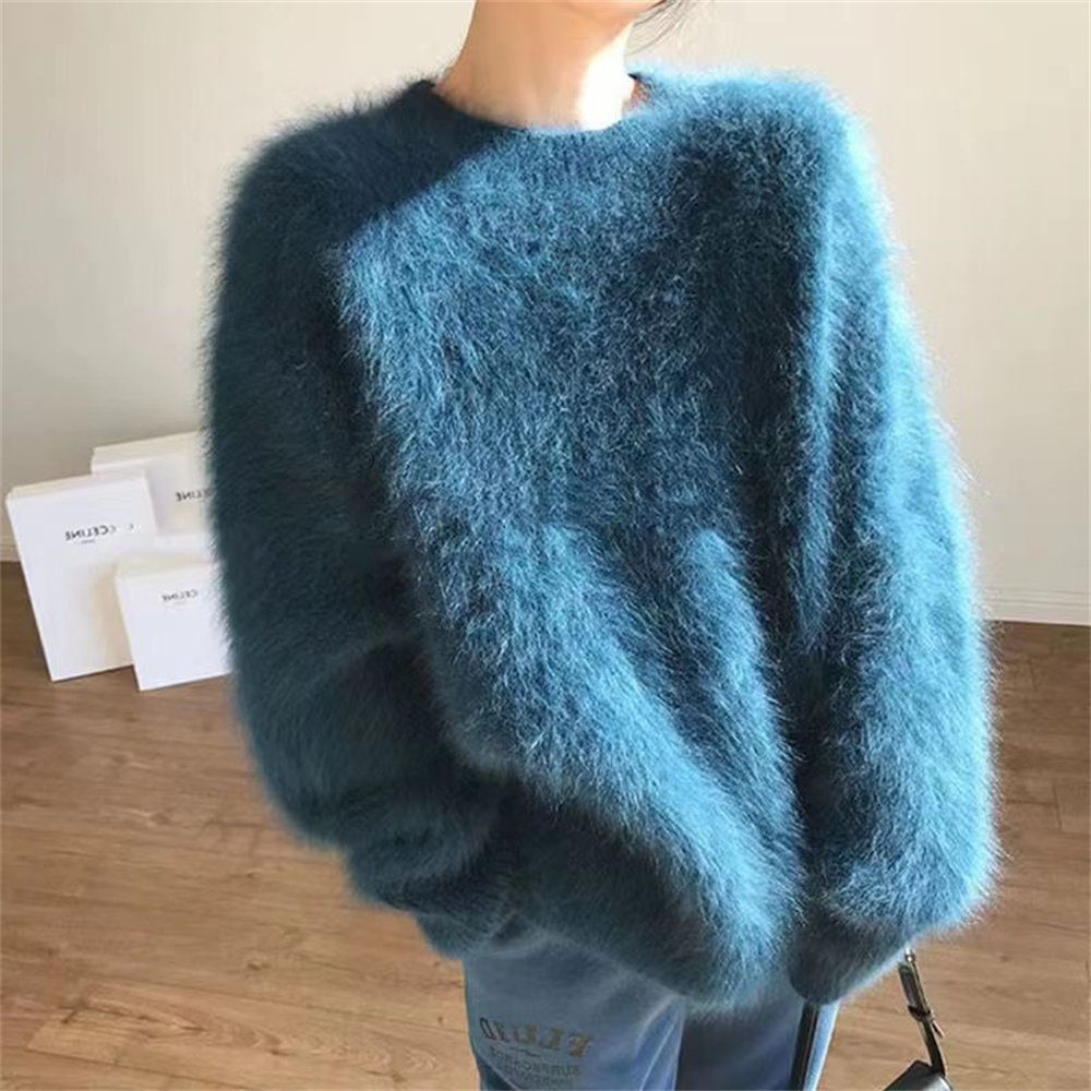 Pull à Col Rond en Velours de Vison pour Femme, Vêtement de Couleur Unie, Nouvelle Collection Automne-Hiver 2025