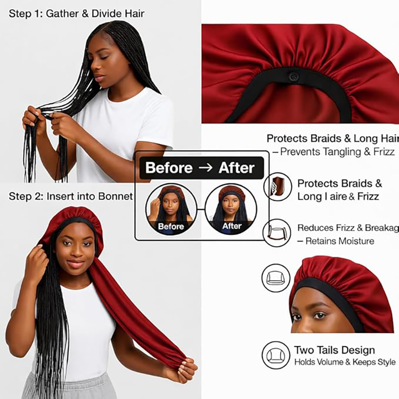 Bonnet de nuit en satin pour femme, avec longue queue pour tresses, bonnet de douche et de sauna