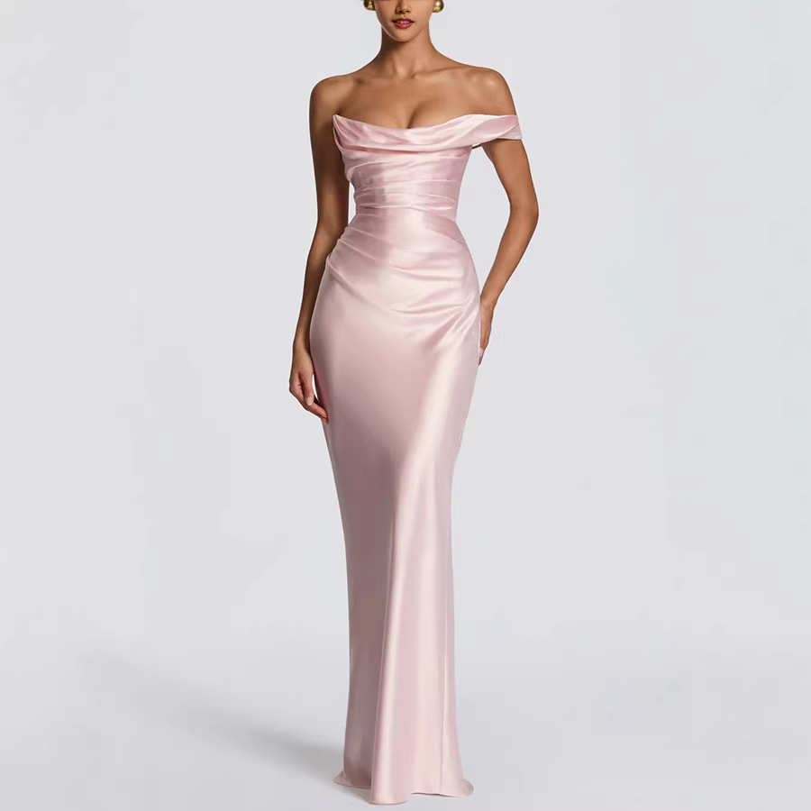 Nouvelle Robe Longue Asymétrique en Satin pour Femme, Col Bénitier, Taille Froncée, Robe Moulante, Robes d'Été Formelles pour Soirées et Cérémonies