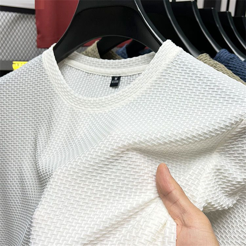 T-shirt en maille de soie glacée pour homme, à manches courtes et col rond, fin, couleur unie, pour l'été, style sport