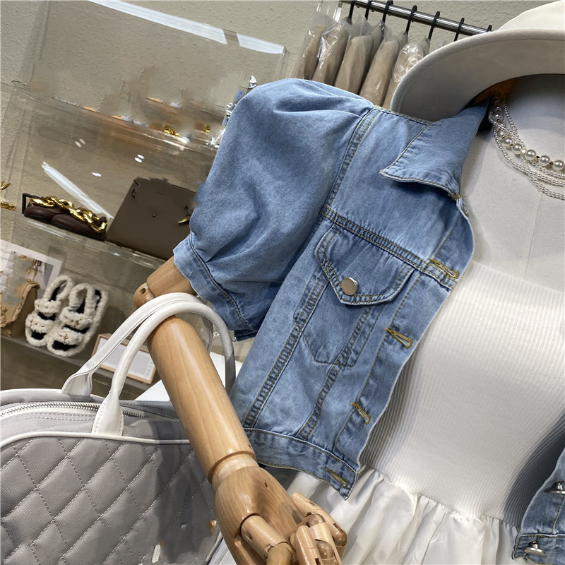 T-Shirt en Denim Bleu pour Femme, Mode Coréenne, Été, Vintage, Manches Bouffantes, Lanterne, lèvent