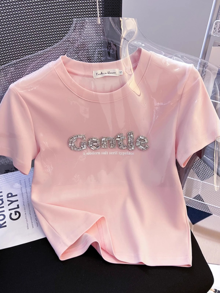 T-Shirt à manches courtes pour femmes, haut en coton, broderie lourde, taille cintrée, épaule plissée sur le côté, Slim Fit, nouveau chemisier d'été