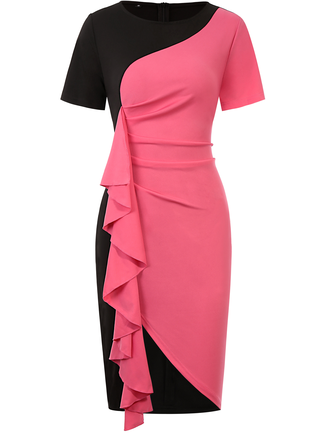 Robe grande taille pour femme, col rond, manches courtes, volants, colorblock, moulante, robe de cocktail, S-5XL, Vestidos