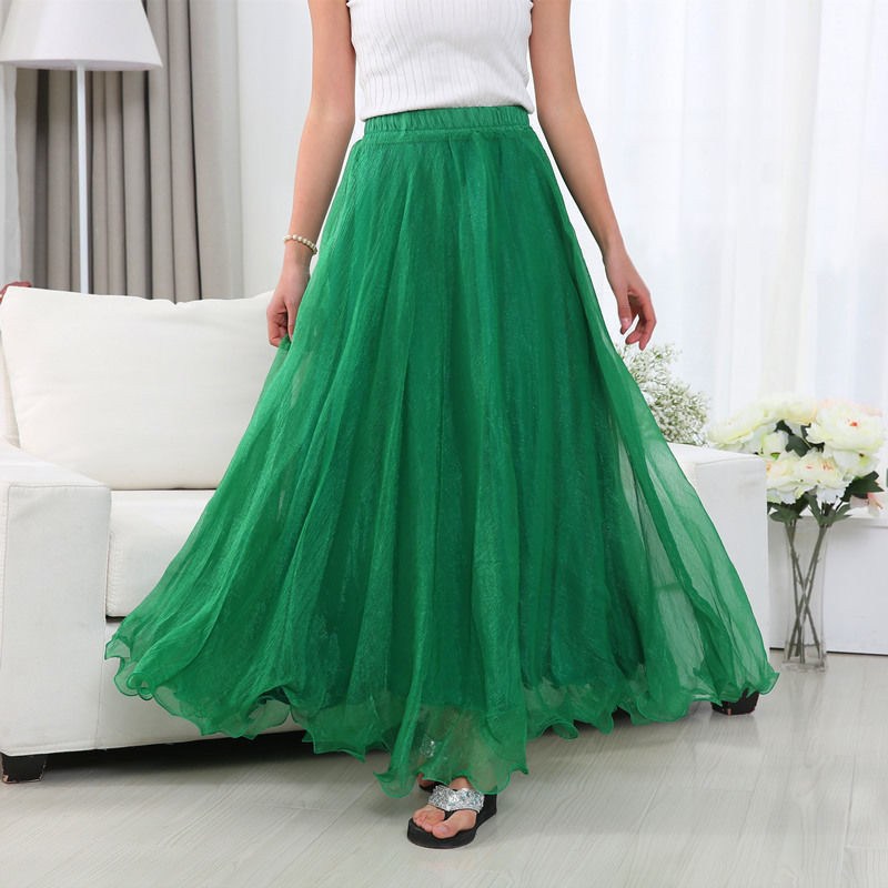 Robe de danse taille haute en mousseline de soie dorée pour femmes, jupe complète, mince, brillante, vacances à la plage, été, Louvain, 8 m, 720