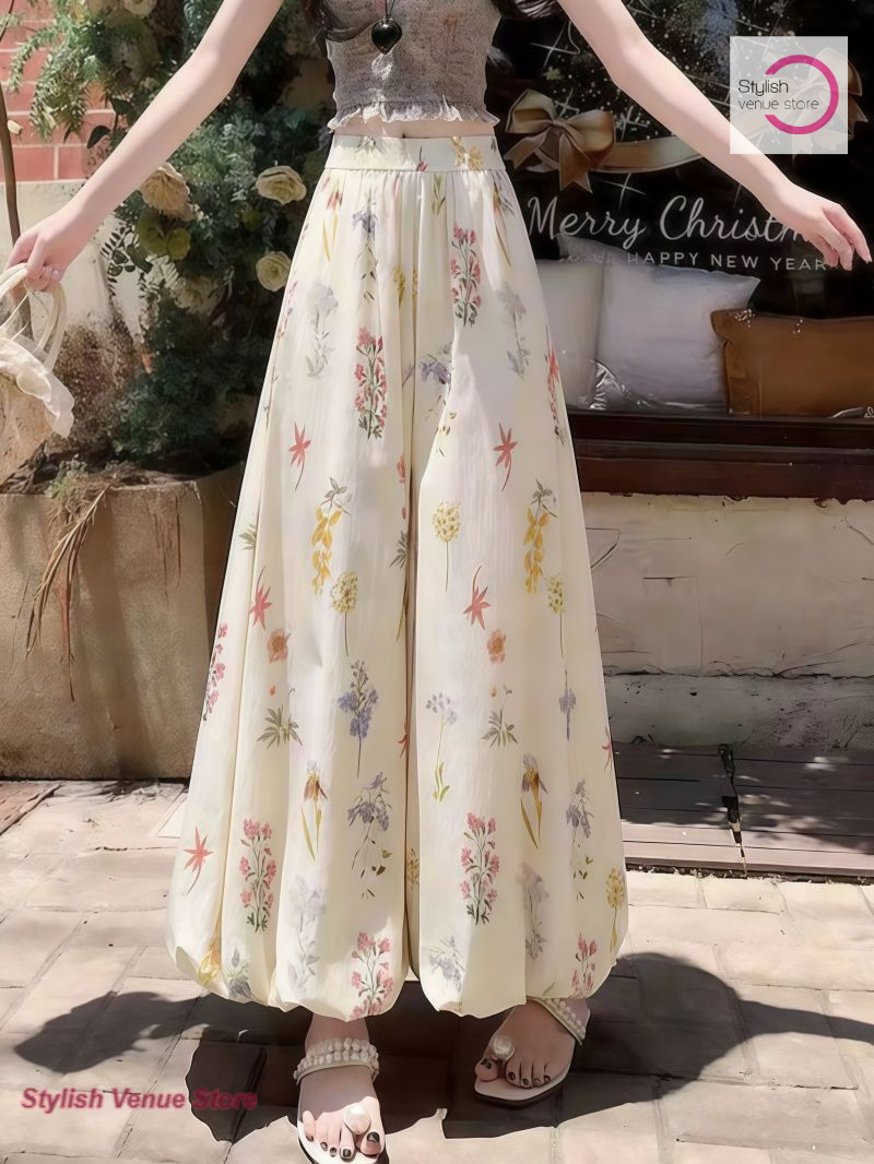 Pantalon coréen à taille haute et coupe lanterne, style floral, pour femme, nouvelle collection printemps-été, décontracté, ample, anti-UV, fluide, à jambes larges.