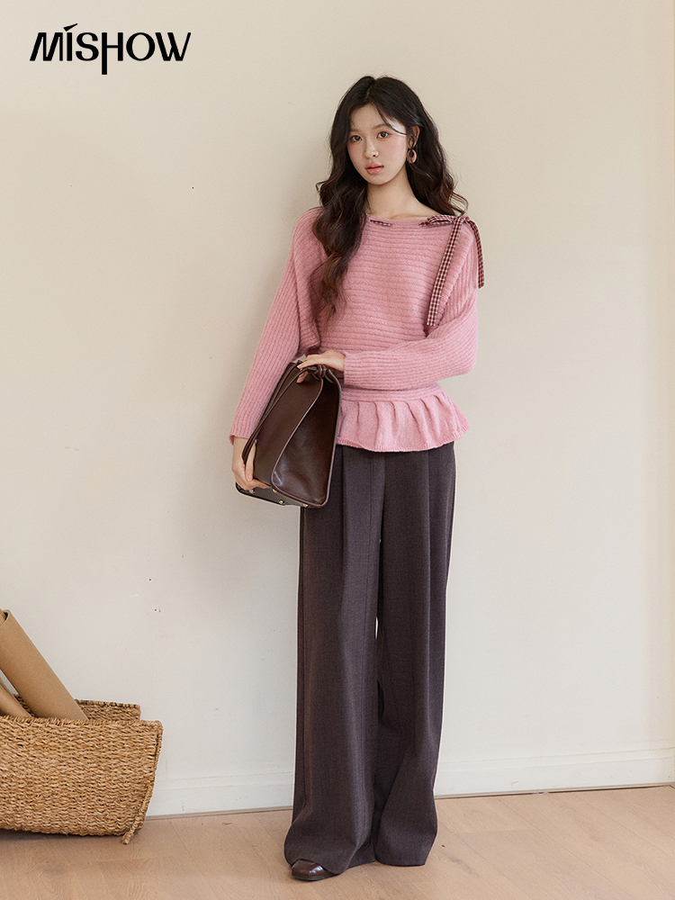 Pull en maille côtelée rose pour femme MISHOW, collection Printemps 2026, avec nœud décoratif à carreaux, ourlet peplum, manches longues, coupe ajustée, décontracté, MXF11Z3016