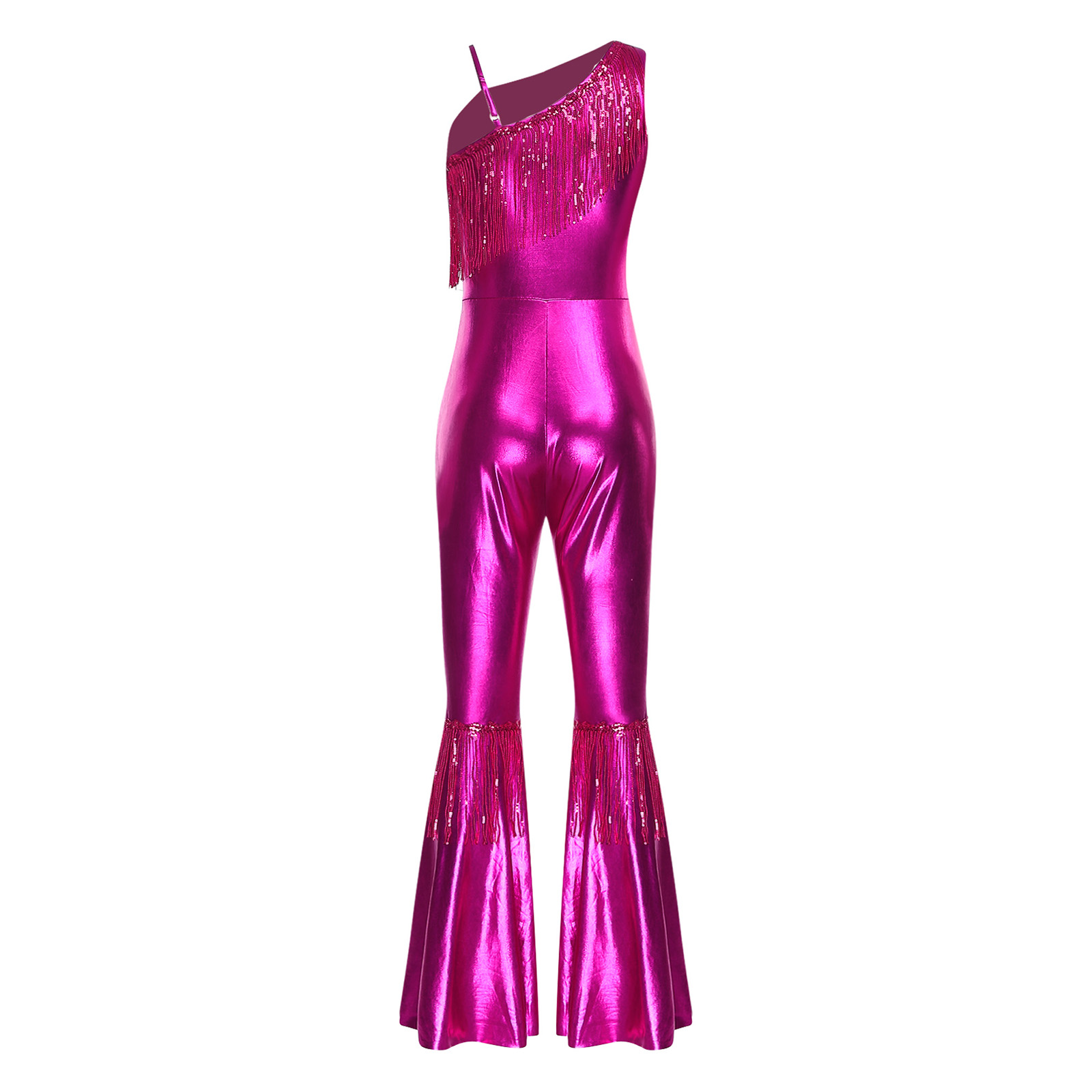 Combinaison de danse Disco Vintage pour femmes, années 70 et 80, glands à paillettes, asymétrique épaule dénudée, Hippie, bas de cloche, body métallique brillant, barboteuse de Jazz