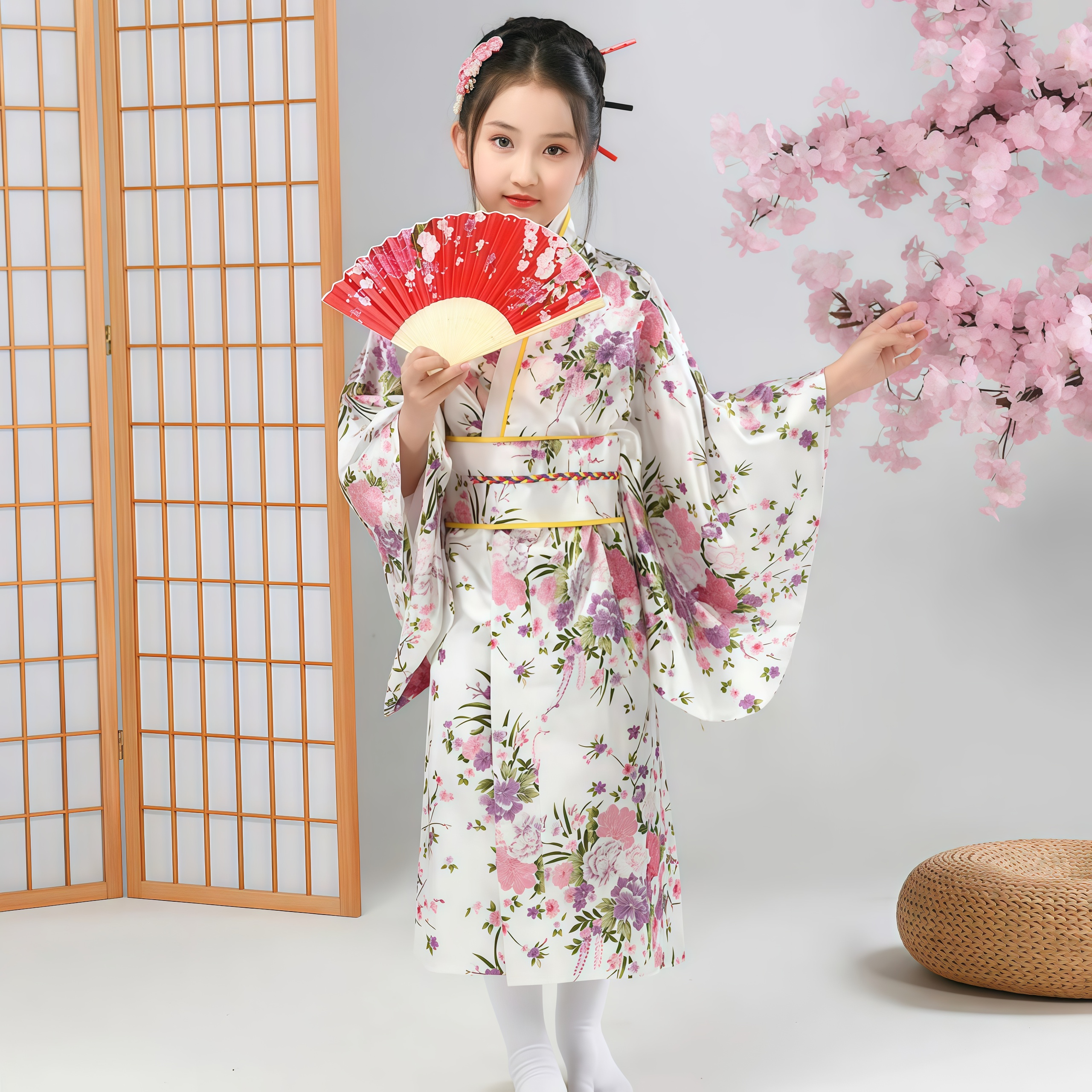 Robe Yukata à imprimé Sakura, ensemble de kimono japonais, peignoir pour filles, cosplay, spectacles scolaires, costume traditionnel Haori, costume de vacances