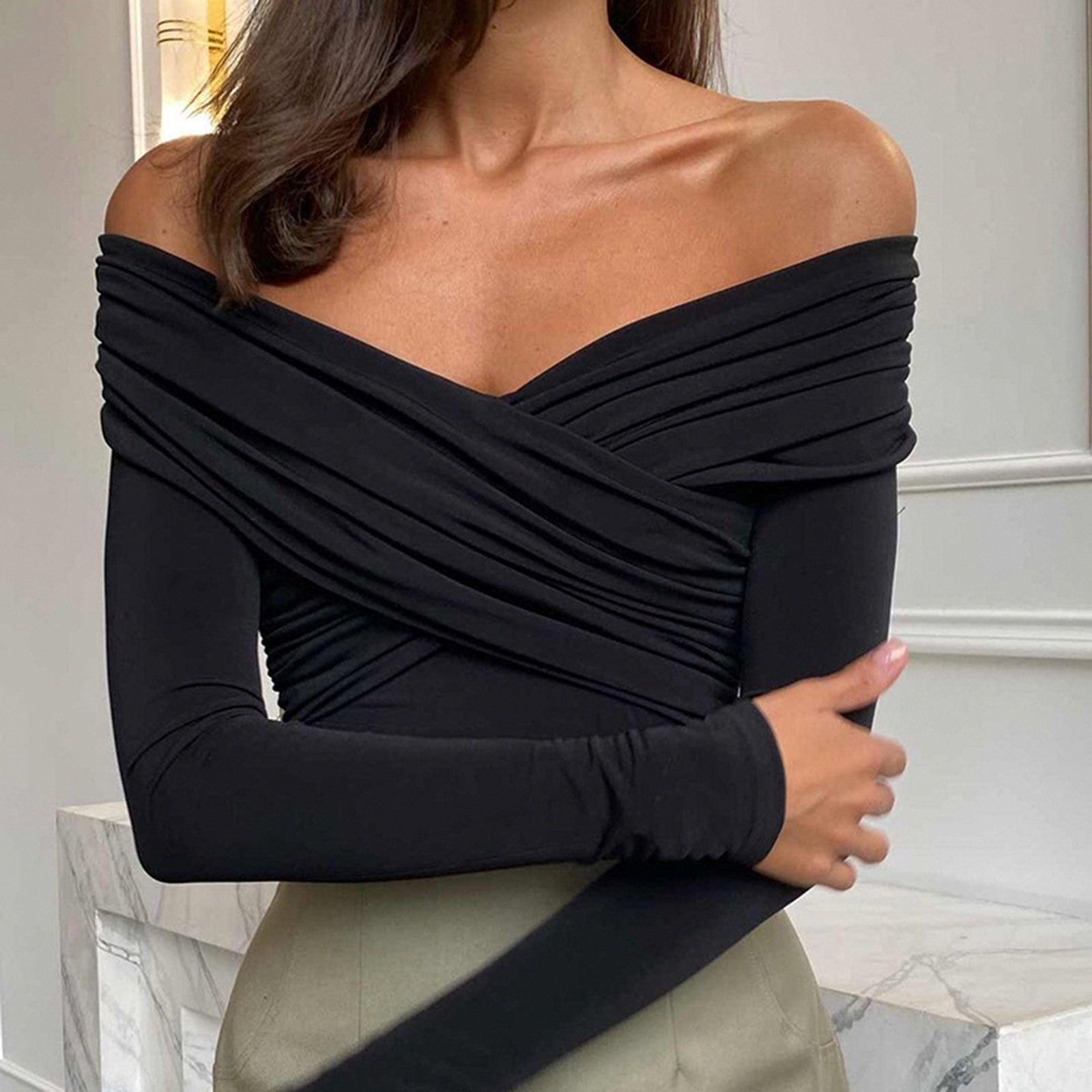 Femmes épaules dénudées chemises chemises courtes mode avant croix à manches longues Slim Fit hauts dames vêtements Clubwear femme Streetwear