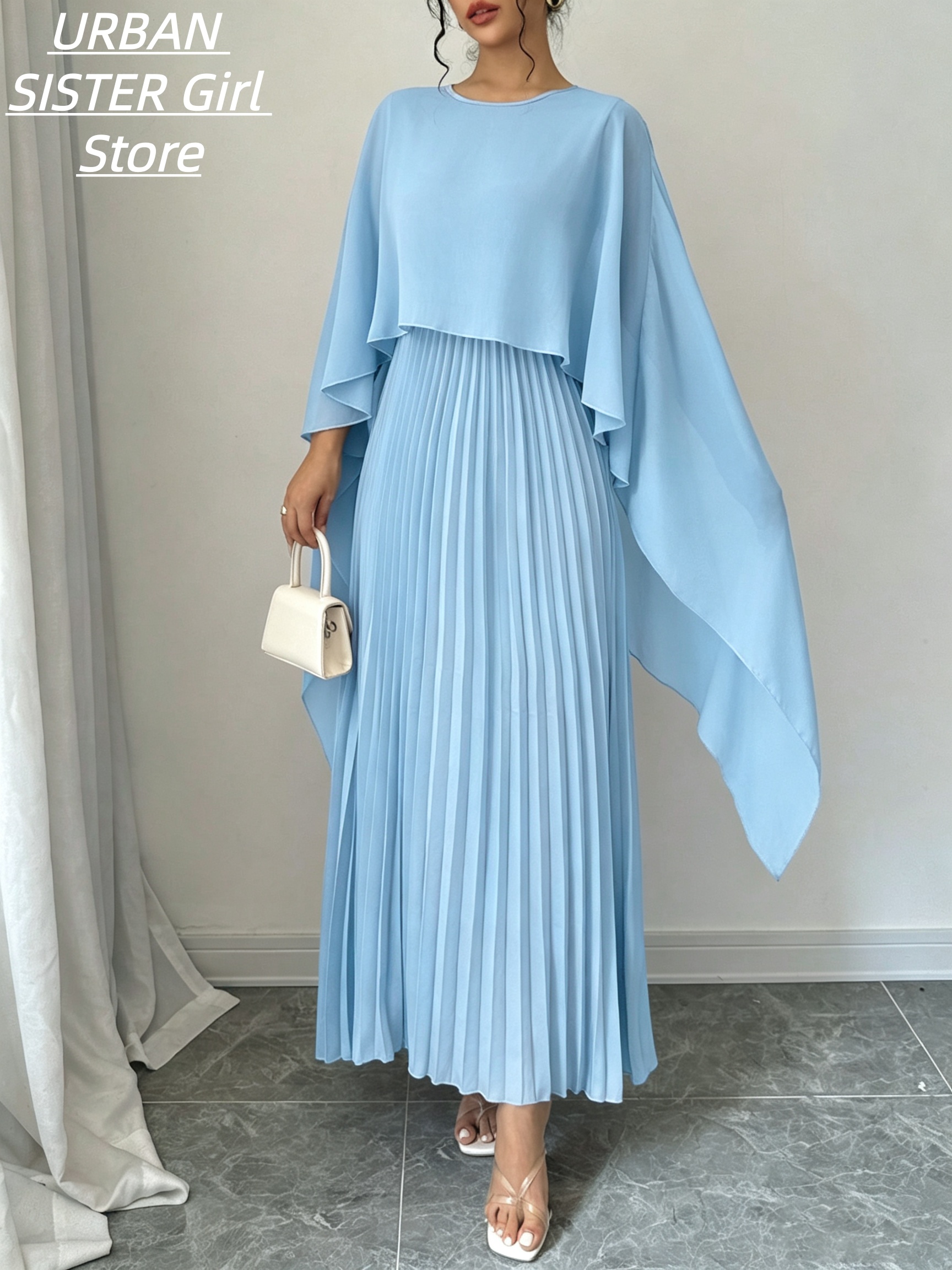 Robe cape bleu clair à col rond et manches volantées, robe longue plissée drapée avec un design effet deux pièces, robe longue pour banquets et vacances