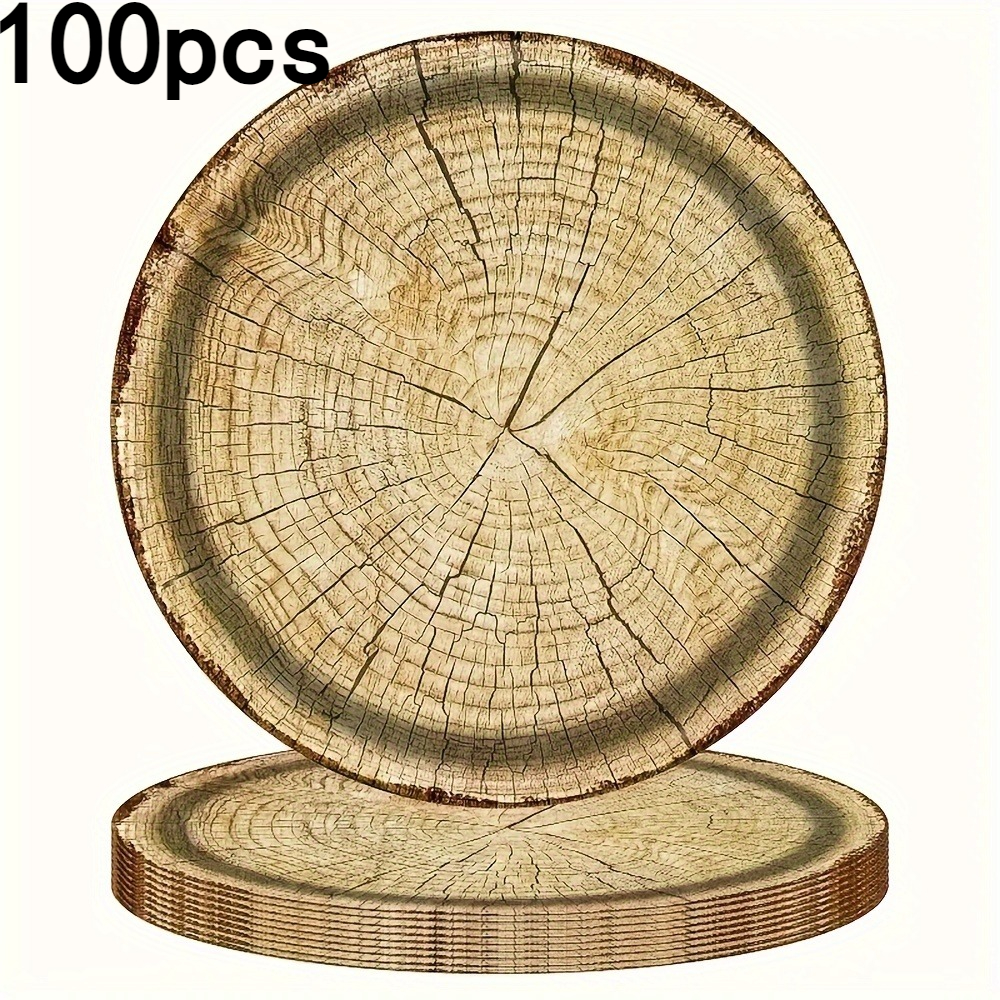 Assiette à manger jetable en grain de bois, assiette en papier épais imprimée, adaptée aux réunions de vacances et aux fournitures de fête