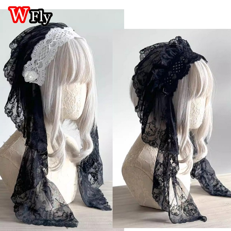 Serre-tête Steampunk Y2K style voile pour femmes, Harajuku, à volants, en dentelle florale, avec nœud, style nonne, Lolita gothique, accessoires pour cheveux.