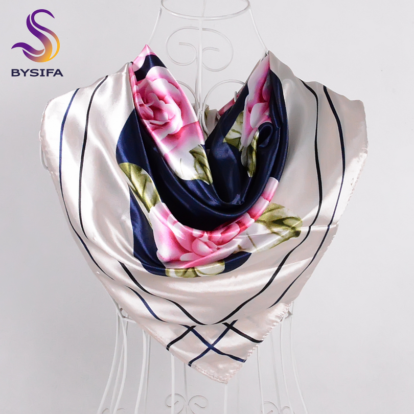 BYSIFA – écharpe en Satin de soie rose pivoine chinoise pour femmes, Cape, bleu marine, élégante pour le cou et la tête, printemps automne, 2017