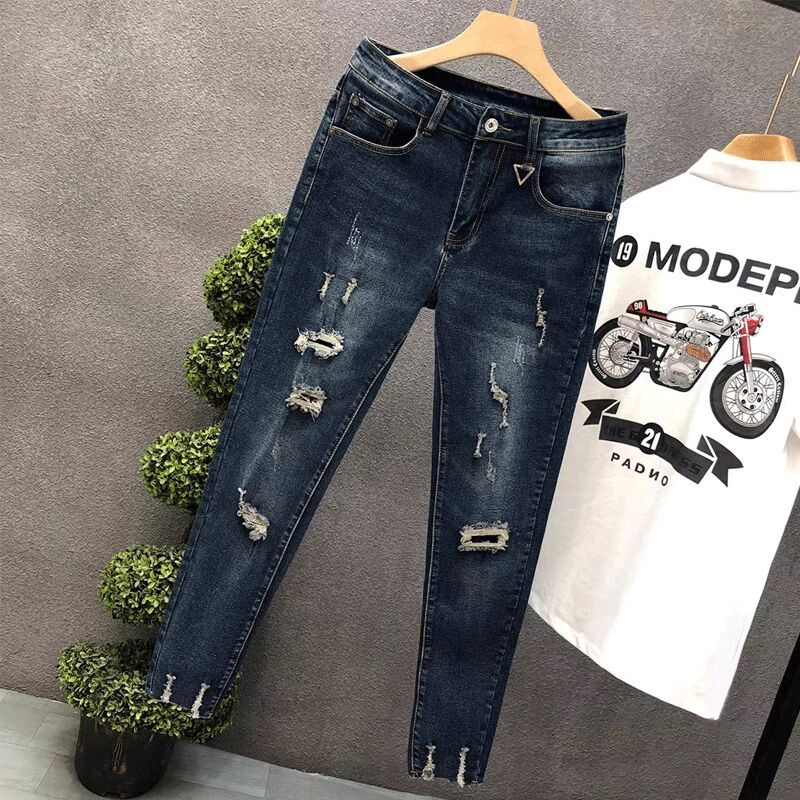 Jean court pour hommes pantalon déchiré cassé mode coréenne déchiré Kpop empilé tendance 2025 Style pas cher avec trous homme pantalon de cowboy