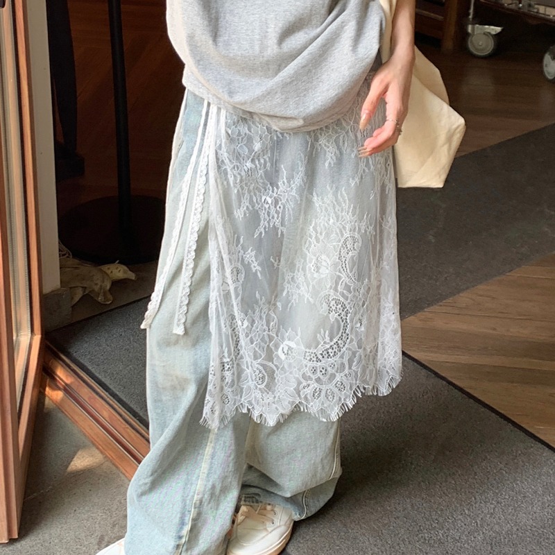 Jupes mi-longues en dentelle pour femmes, Design avec cordon de serrage, Style coréen élégant, ligne a, taille haute, fente latérale irrégulière, mode rue, printemps été
