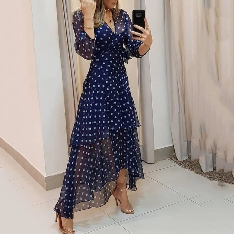 Robe de Soirée Élégante à Pois Imprimé Bleu Foncé, Tenue Plissée Irrégulière, Décontractée, Col en V, Taille Haute, Éducative