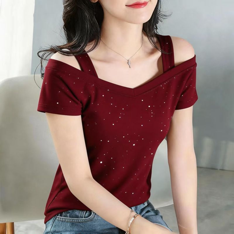 T-shirts décontractés à épaules dénudées et découpes pour femmes, grande taille, manches courtes, couleur unie, style vintage, tendance mode, nouveauté été
