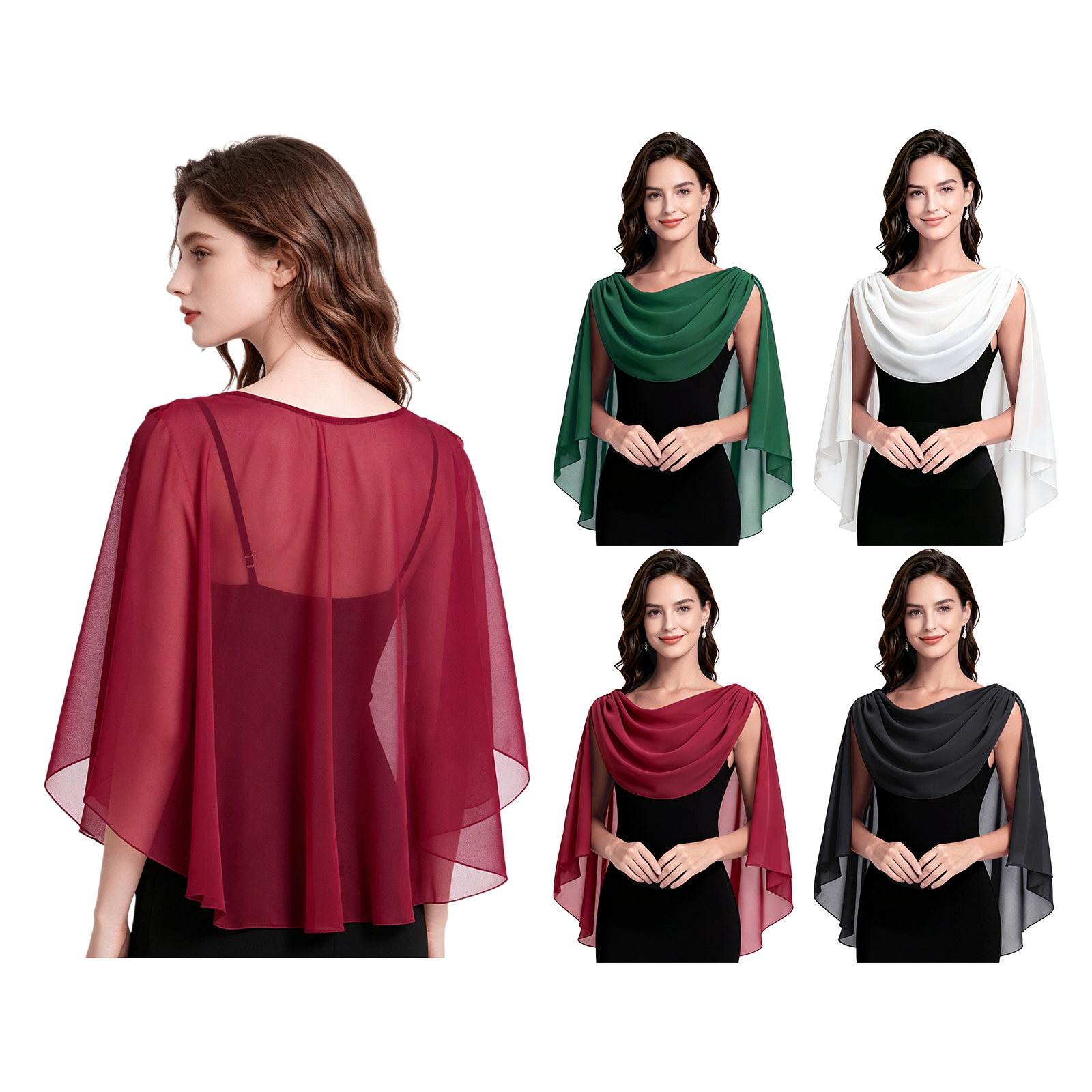 Châles élégants en mousseline transparente pour femmes, col drapé, sans manches, fluides, capes, boléros, étoles pour robe de soirée, demoiselle d'honneur, mariage, couvre-robe