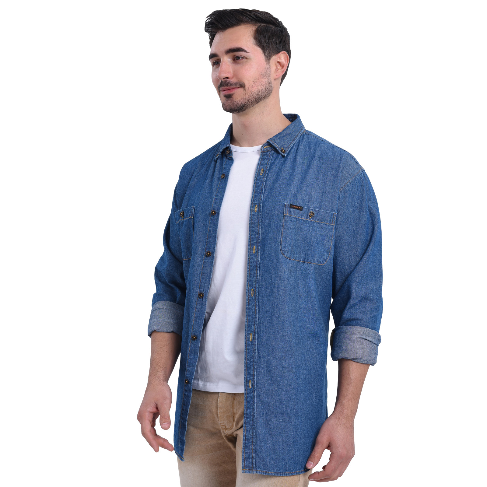 VOBOOM-Chemise en denim à manches longues pour hommes, vêtements de travail décontractés en coton avec poches, vêtements de printemps et d'automne