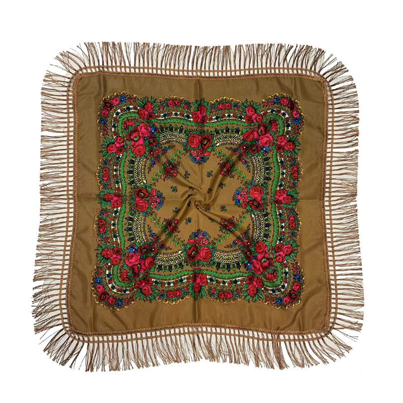 Écharpe de Sauna Carrée à Franges pour Femme, Châle Russe, Imprimé Floral, National, Mouchoir Rétro, Bandana à Glands