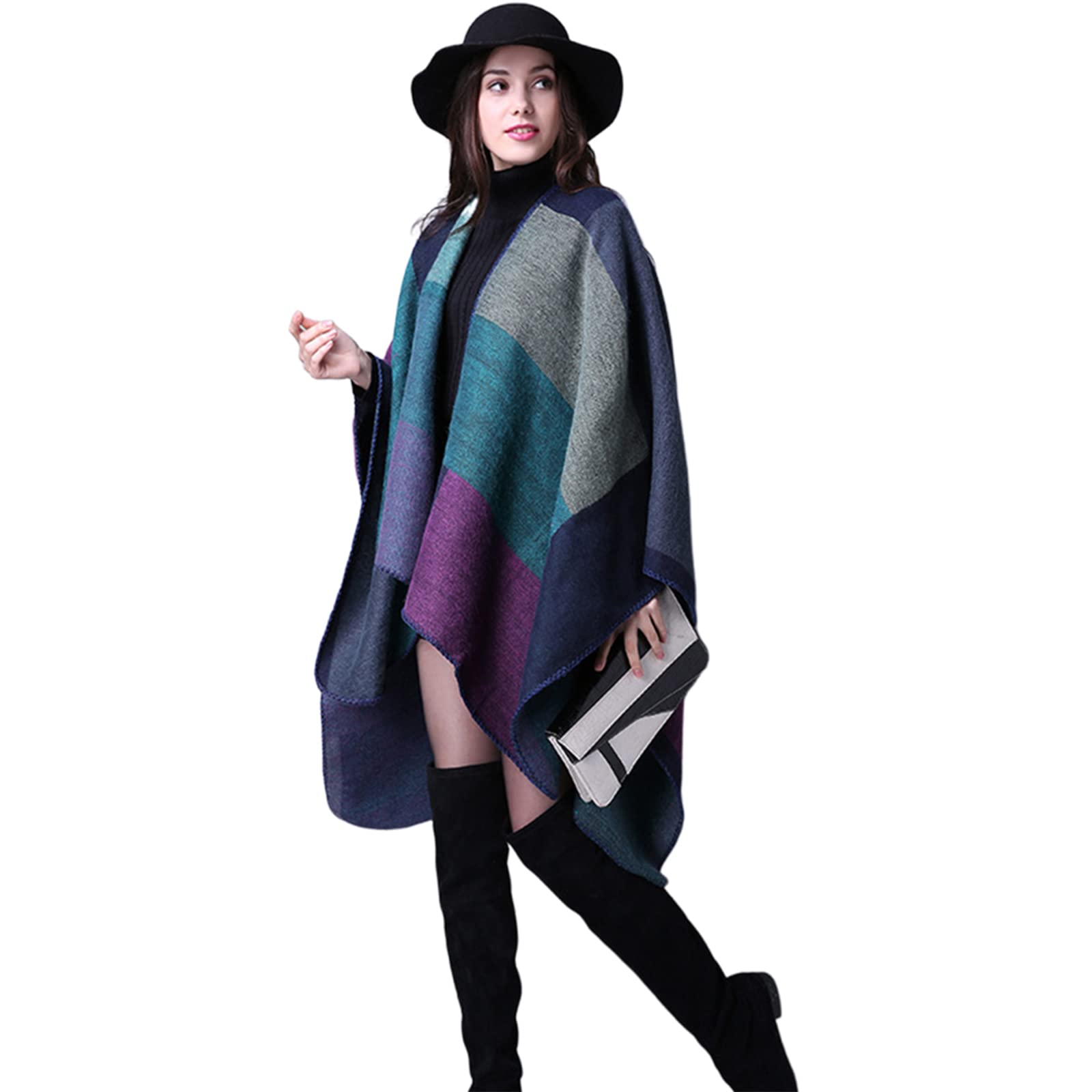 Épaissir hiver châle enveloppes Cape femmes automne Ponchos grande taille bloc Plaid ouvert devant pull polaire écharpe manteau tenues de vacances