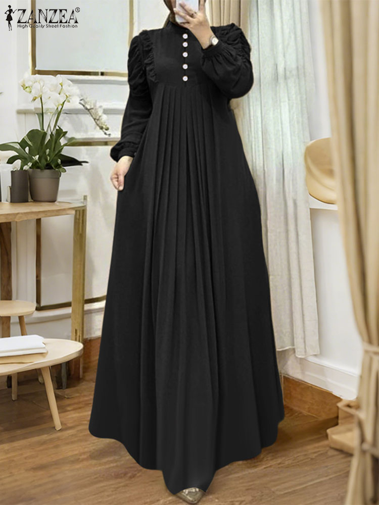 ZANZEA musulman modeste Maxi Robes femmes élégant volants garniture à manches longues plissé Abaya Robes islamique Hijabis Eid Robes 2025
