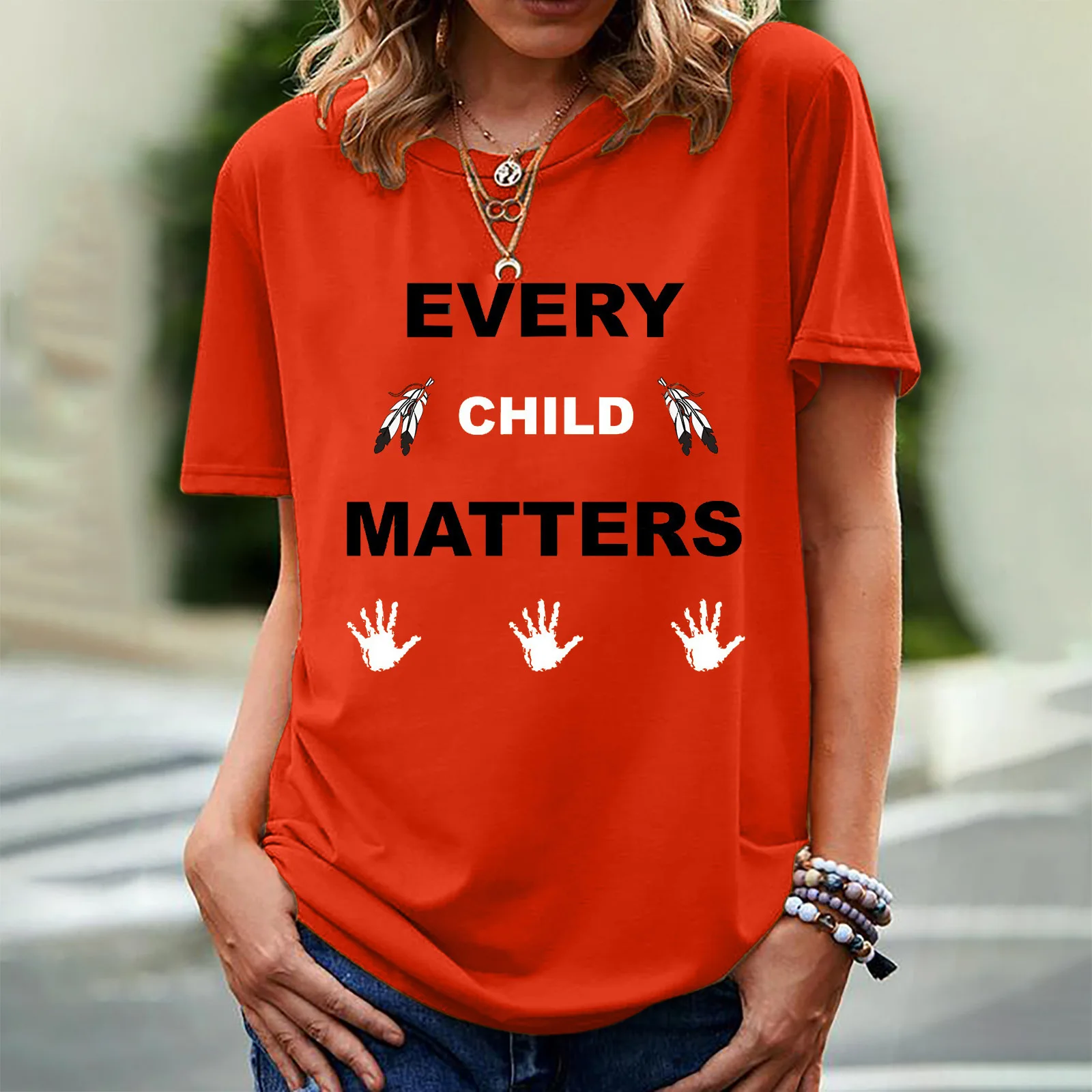 T-shirt à manches courtes et col rond pour femme, imprimé "Every Child Matters"