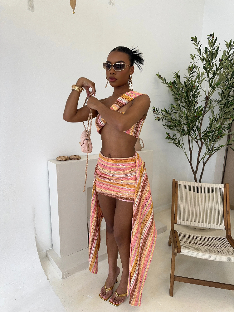 Sexy plage jupe colorée femmes ensemble tricot paillettes une épaule haut court drapé Mini jupes mince moulante 2 pièces ensembles dame tenues