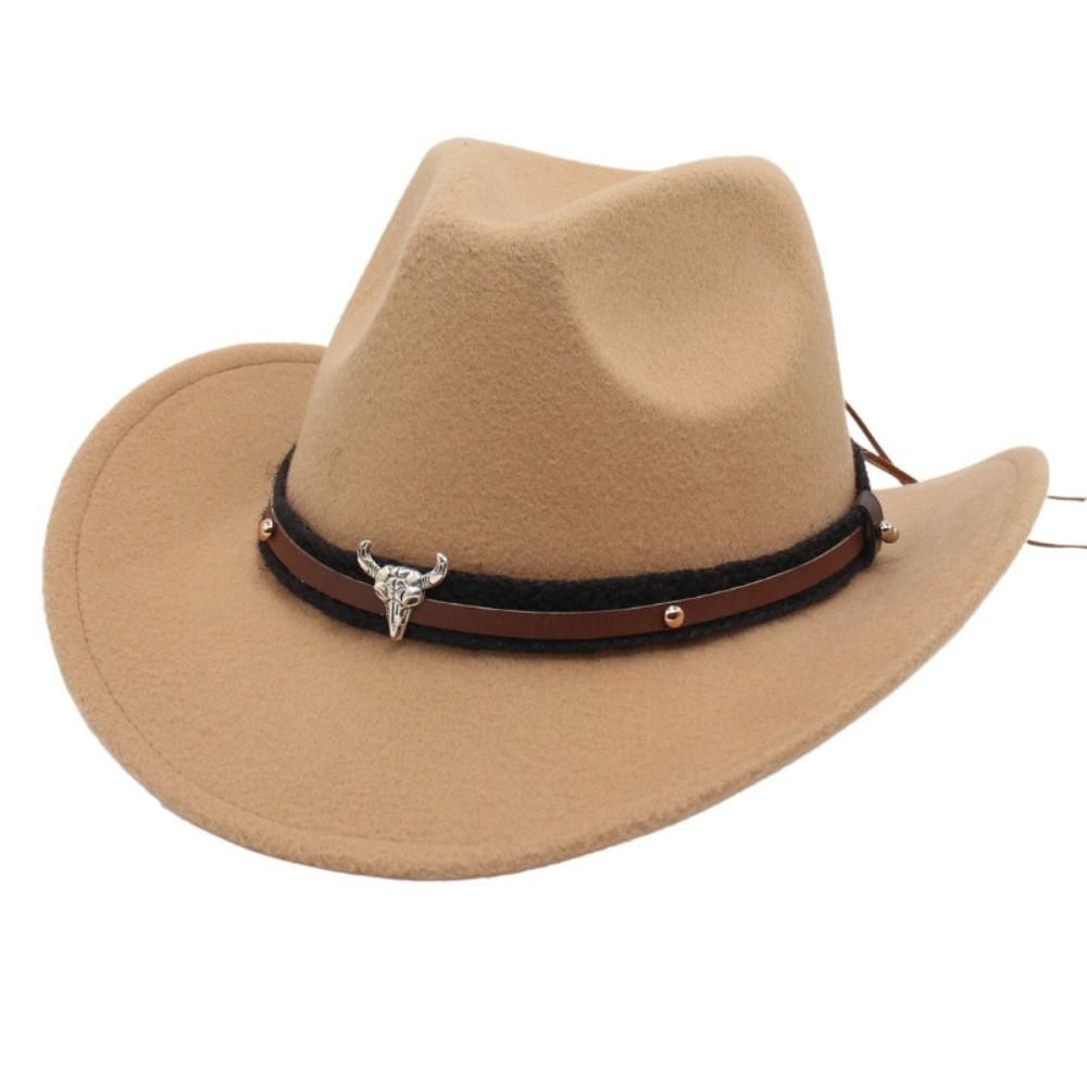 Nouveau Chapeau de Cowboy Western en Feutre à Bord Roulé, Style Ethnique Tibétain, Chapeau Haut de Forme avec Bandeau à Motif Vache et Ceinture Tête de Bœuf, Chapeaux Fedora Jazz pour Hommes