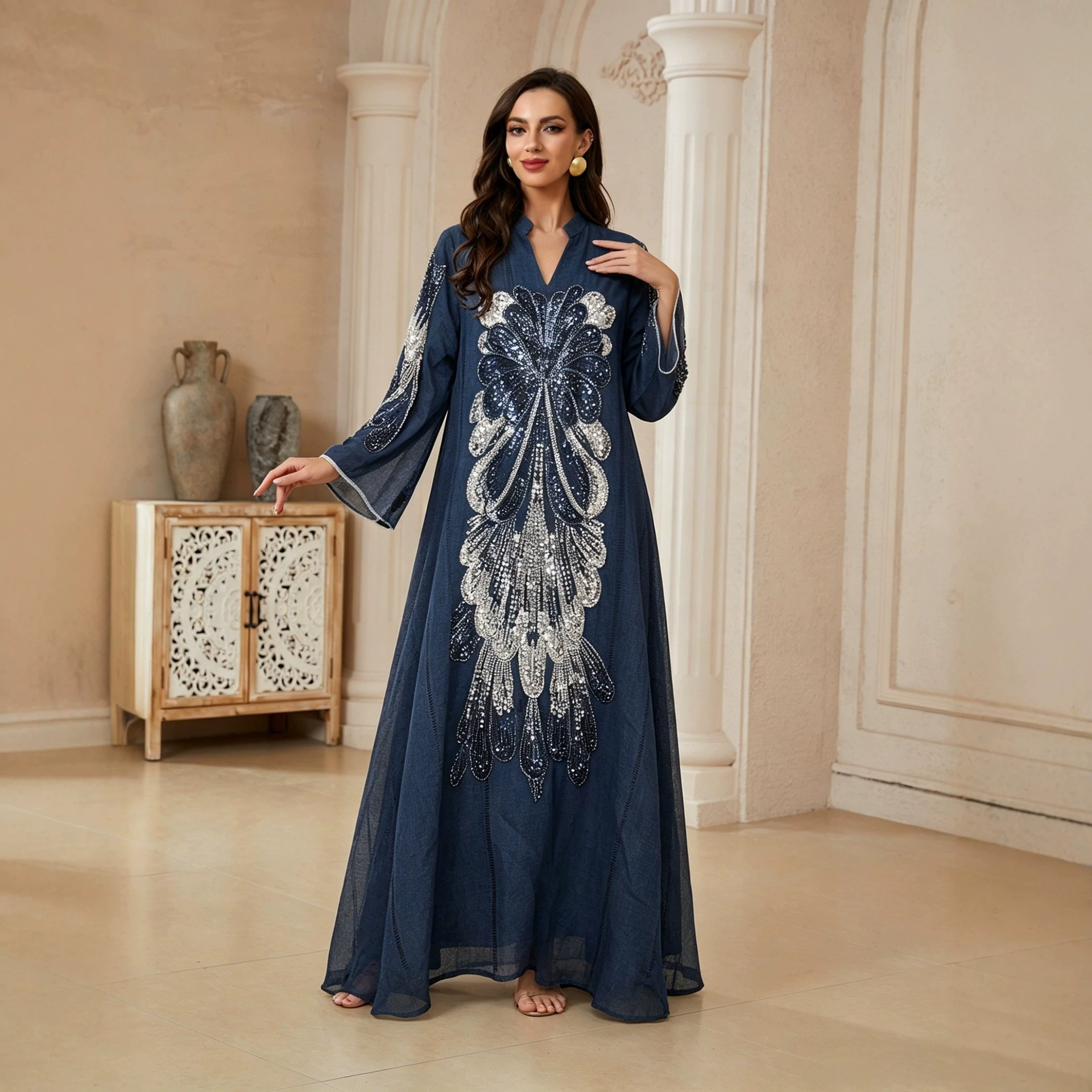 Robe de soirée élégante pour femmes musulmanes du Moyen-Orient, style Ramadan, ornée de perles, col en V, coupe ample et amincissante, luxe léger.