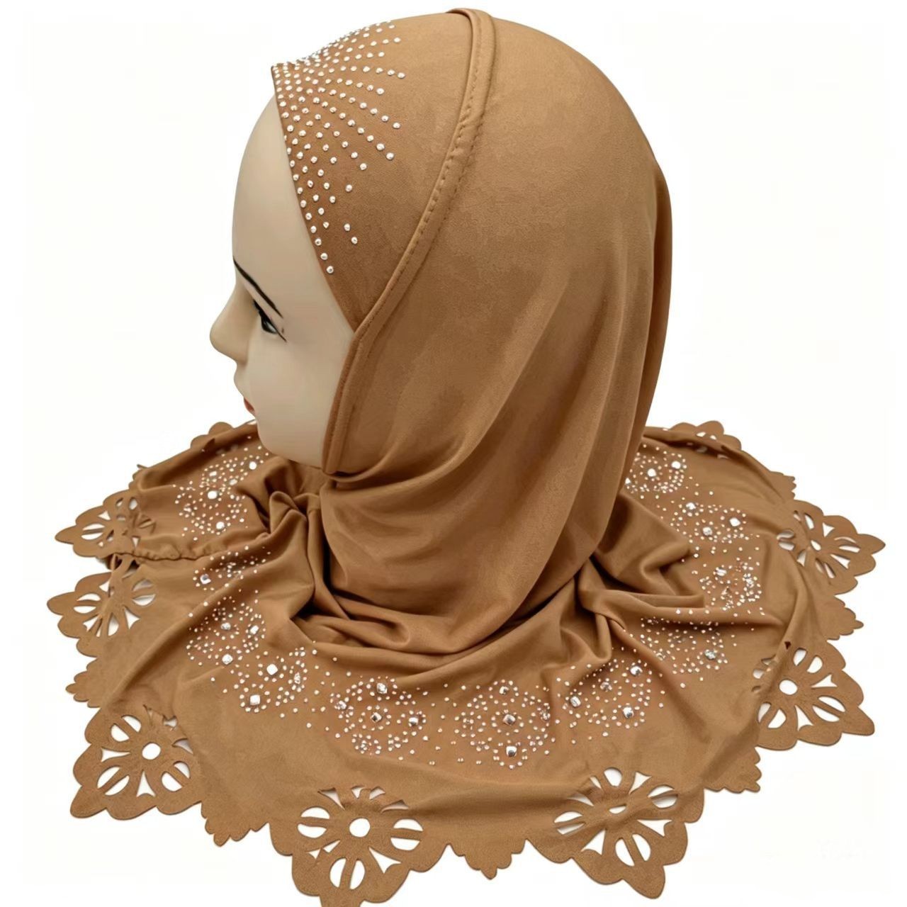 Bonnet Hijab Enfant Fille à Paillettes et Strass, Style Malaisien, Bonnet Instantané Uni, Coiffe Musulmane Islamique pour Enfants