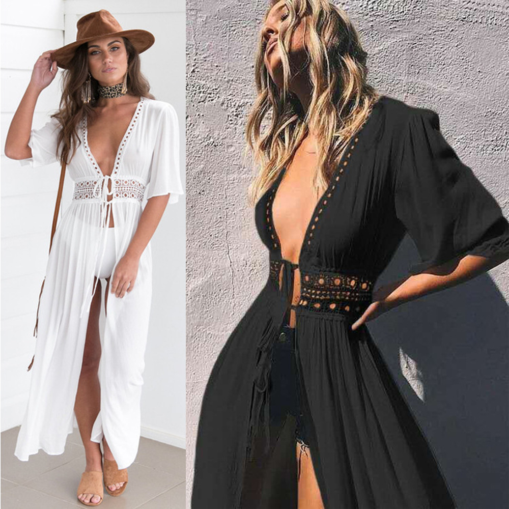 Robe d'été en dentelle pour femmes, style Boho, plage, maillot de bain, Bikini, Cover-Up, chemisier Long, ajouré, Protection solaire, Cardigan, châle