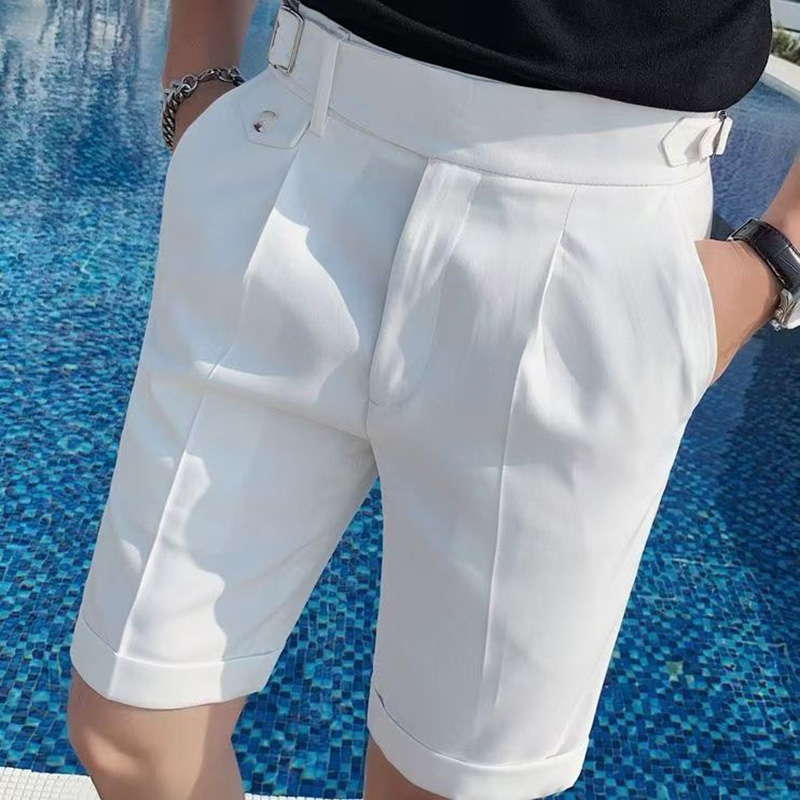 Mode été hommes Style britannique Naples costume Shorts intelligent décontracté Paris taille boucle bouton genou longueur pantalon Shorts Streetwear