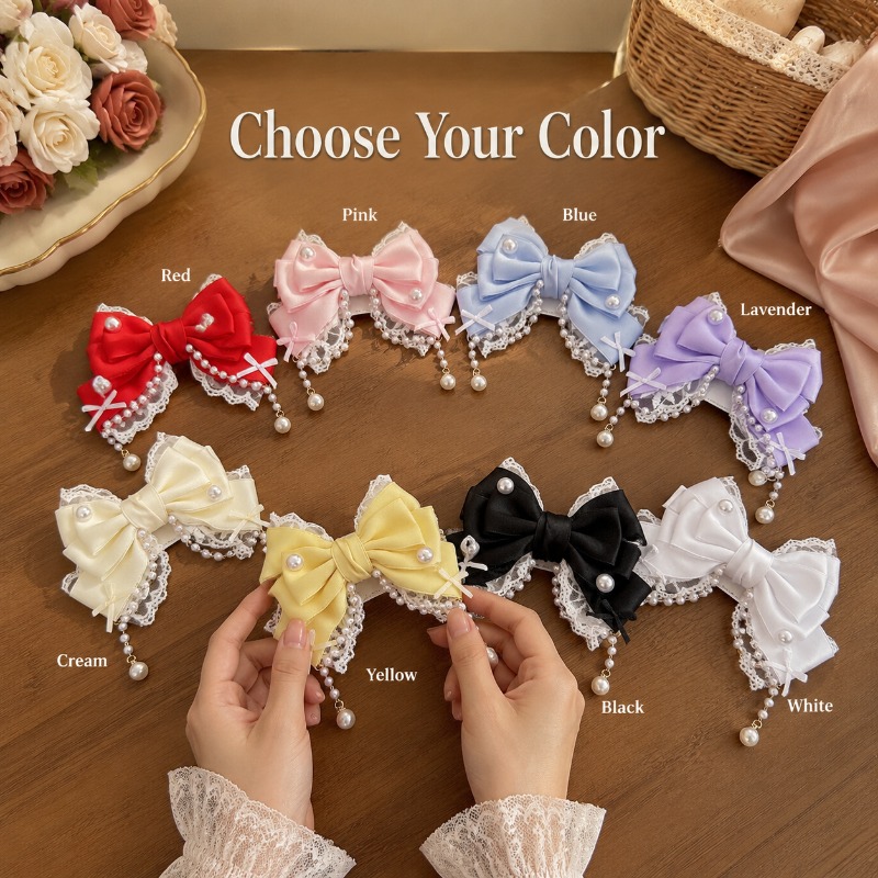 Barrettes antidérapantes en satin, dentelle, perles et nœuds, pour femmes, style Lolita, mariage, usage quotidien, fête, séance photo, accessoires pour cheveux, 8 couleurs