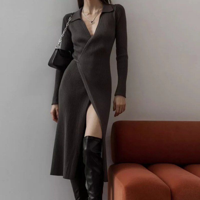 Robes tricotées femmes tricot robe longue à lacets col rabattu robe Maxi fendue robes Vintage Sexy automne hiver 2025