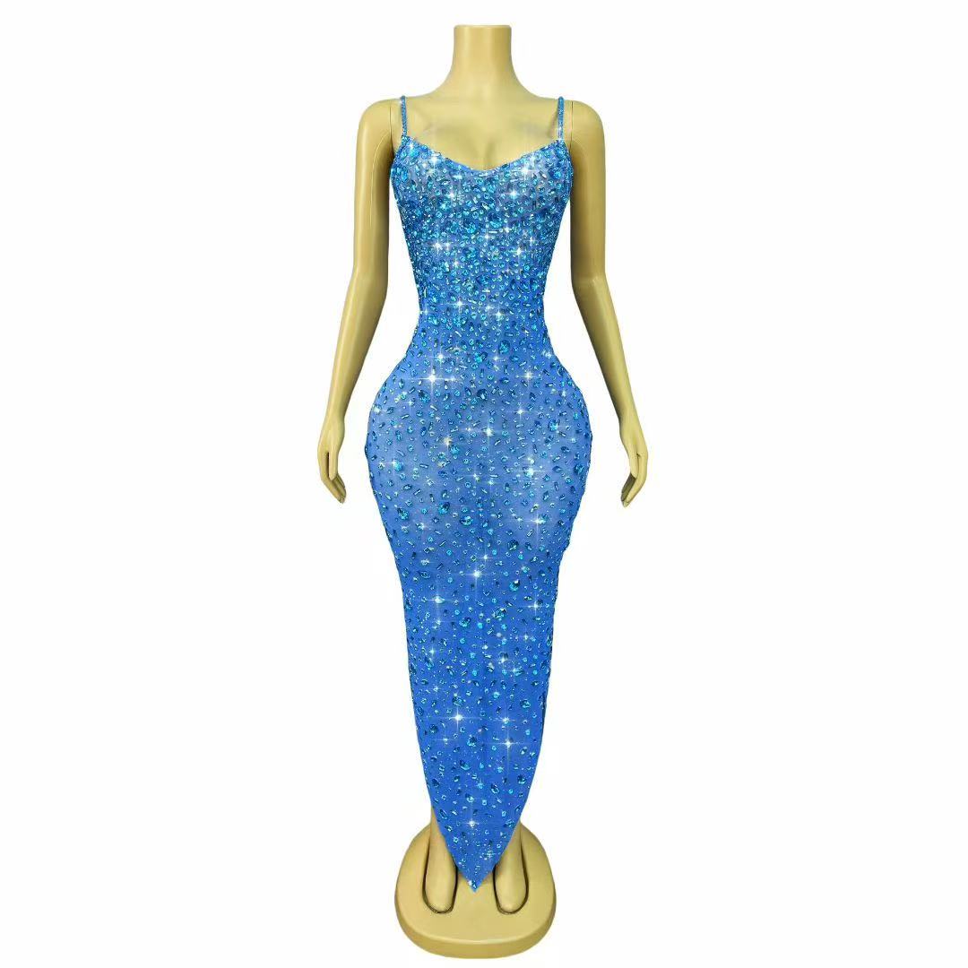 Robe de soirée de luxe pour femme, tenue de scène ou de club, avec strass et maille transparente, style moulant et sexy, idéale pour les tapis rouges et les cocktails.