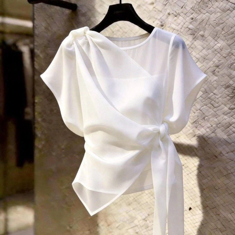 Nouvelle Blouse Élégante Coréenne à Manches Courtes et Coupe Irrégulière pour Femme – Tendance Été