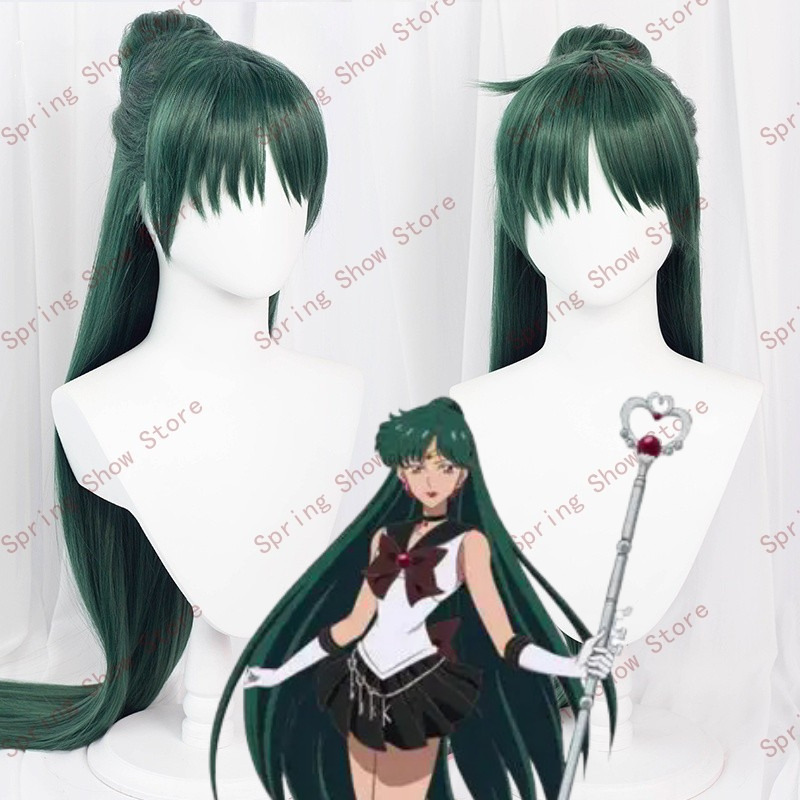 Sailormoon Pluto Meiou Setsuna Cosplay Costume cheveux synthétiques Super longue vert style Halloween fête perruque