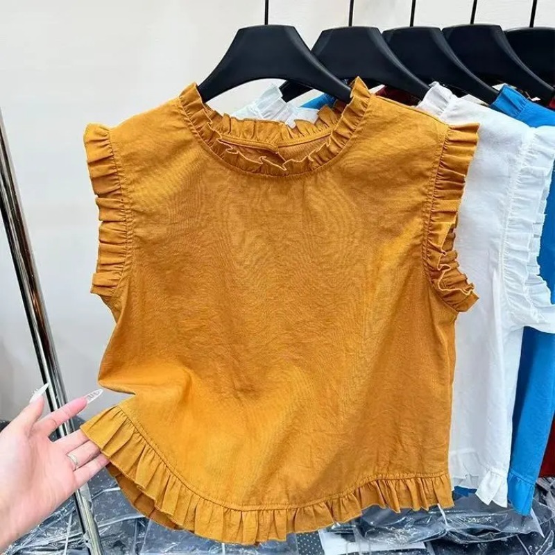 Chemise sans manches en dentelle épissée pour femmes, nouveau Style coréen, mode polyvalente, col rond, haut ample de couleur unie, 2025