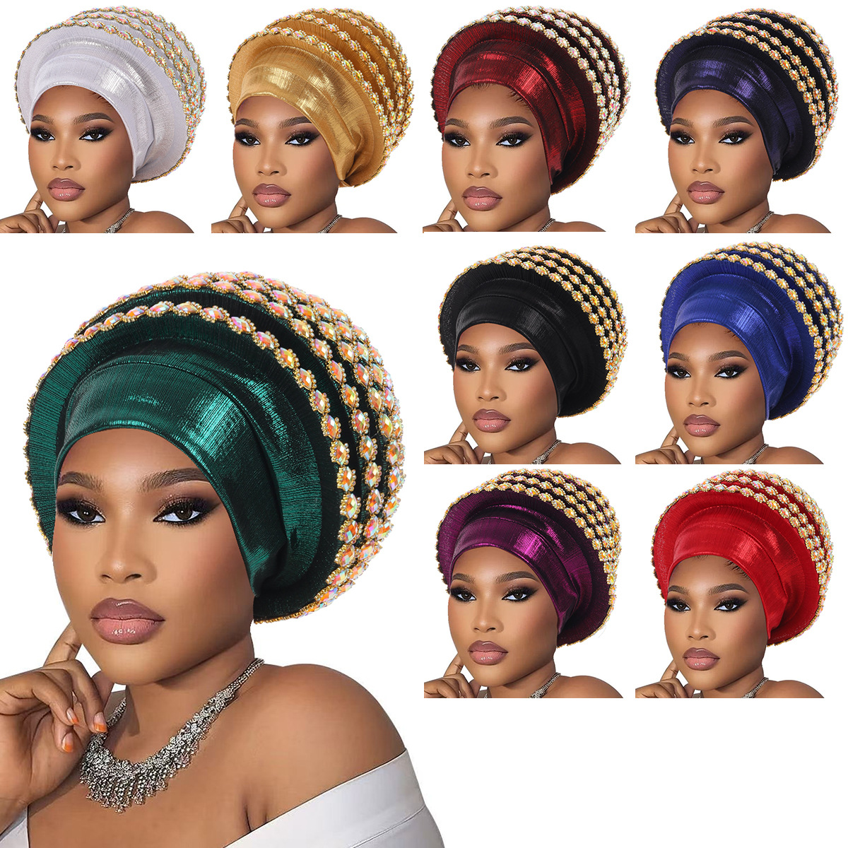 Chapeaux de soirée élégants pour femmes, pour mariage africain, été et automne, couleur unie, avec diamants, turbans africains pour femmes