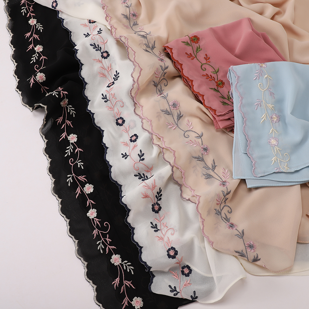 Hijab en Chiffon Brodé Floral avec Bord Ondulé, Écharpe pour Femmes Musulmanes, Voile Doux, Châle Islamique pour Dames