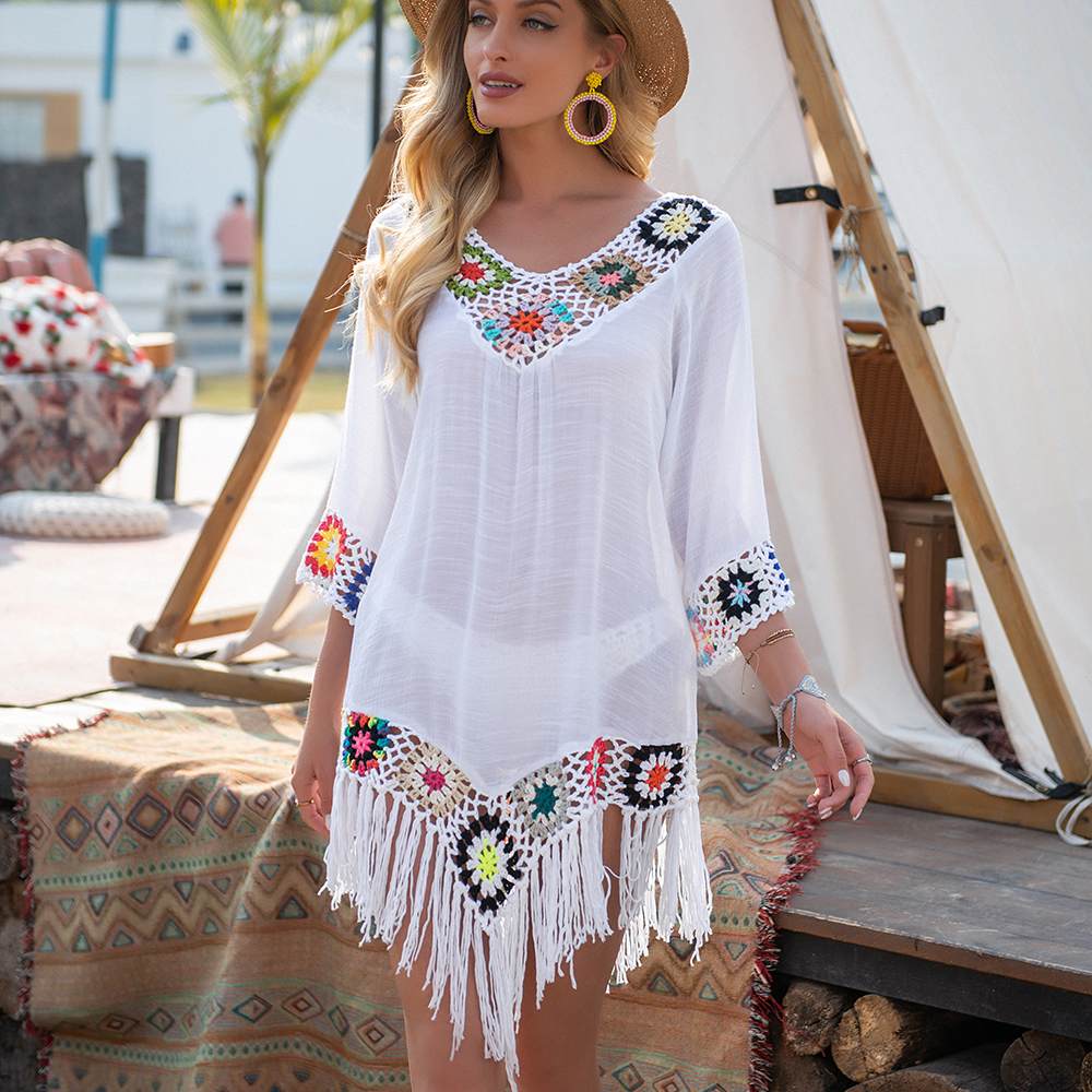 CROCHET BIKINI blanc Bikini couvrir avec frange garniture femmes Sexy creux tunique robe de plage été maillot de bain maillots de bain