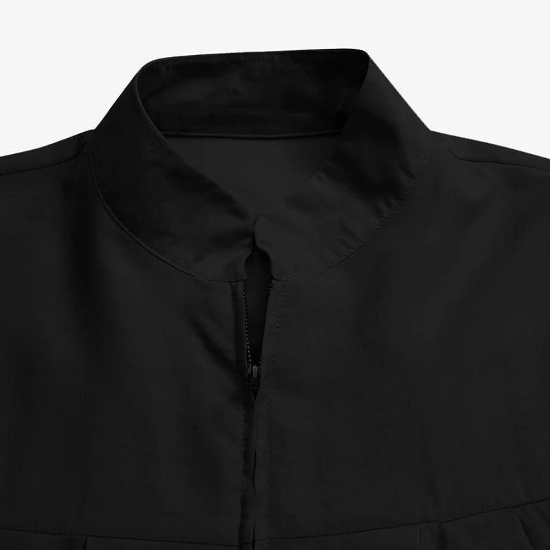 Robe noire musulmane avec petit col montant et poches zippées, élégante, ample et décontractée, à manches longues