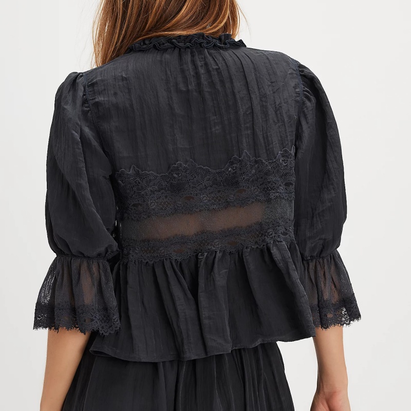 Femmes à volants nœud papillon Peplum hauts Boho pure fluide à manches courtes Blouse dentelle oeillet froufrous Babydoll t-shirts chemise Streetwear