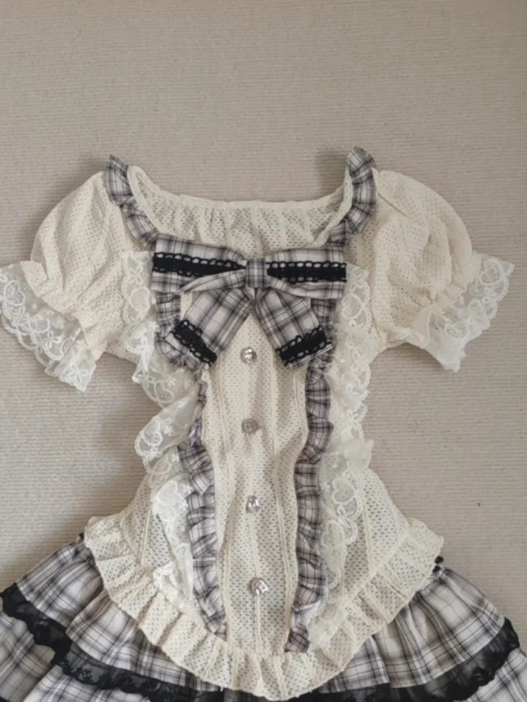 Ensemble 2 pièces japonais doux Kawaii pour femmes, haut en dentelle avec nœud mignon + Mini jupe bouffante, nouvelle mode Harajuku Y2k, tenues de Style Preppy à carreaux